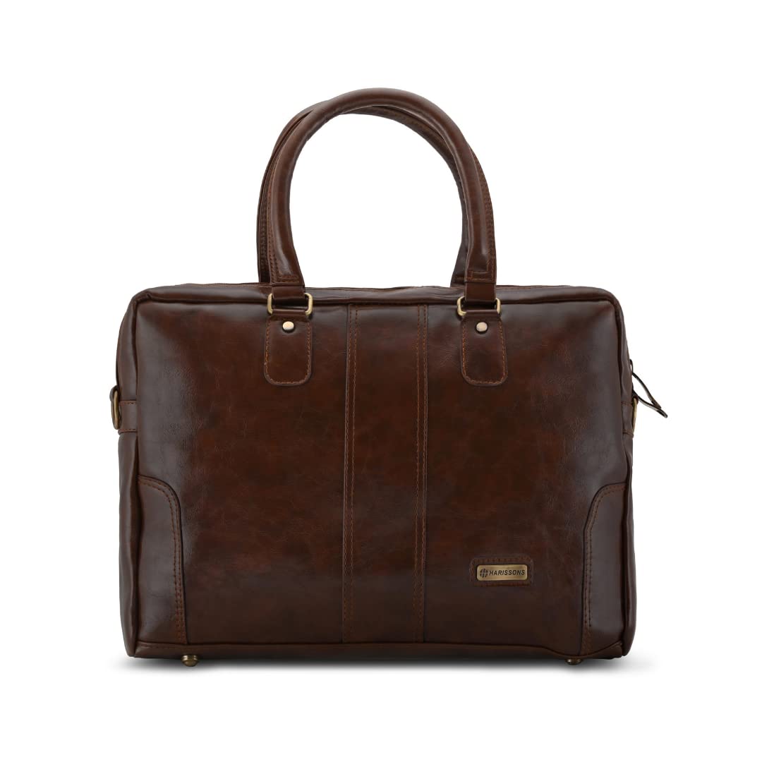 HarissonsOrion Laptop Messenger Bag - 14 Inch Vintage Vegan Leather Office Briefcase Bags with 9 Ltrs Capacity, Adjustable Shoulder Strap, Water Resistant, Dual Grab Handles and Laptop Cradle, Brown