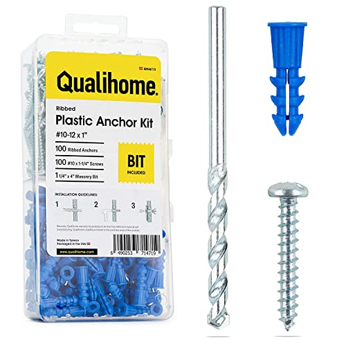 Qualihome Ribbed Plastic Drywall Anchor Kit - Wall Anchors And Screws For Drywall Includes Anchors, & Screws, 1 Masonry Drill Bit  - Mounting Tolls For Decor, Furniture, Shelving (10-12 X 1") #TOP7