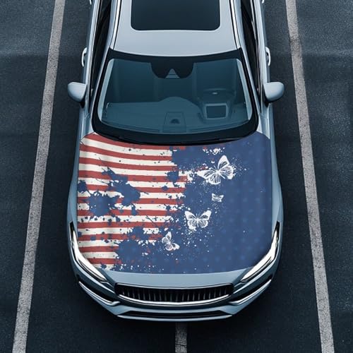 Image of American Flag Butterfly Prints Car Hood Cover Elastic Polyester Car Hood Protector Removable Automotive Accessories Suitable Most Automotive Sedans Trucks Pickup SUVs