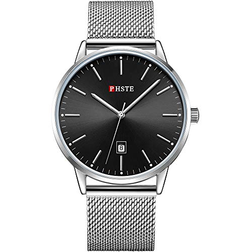 PHSTE Mens Watches 7.2mm Slim Simple Analog Quartz Date Luminous Waterproof Black Dial Silver Steel Mesh Band Thin Face Casual Dress Wrist Watch Male Wristwatch