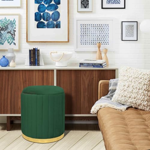 Image of Round Velvet Luxurious Storage Ottoman, Pouf with Storage Vanity Stool Chair,Upholstered Foot Rest Stool with Gold Strip Base for Living Room or Bedroom (Green., Large-40Dx40Wx46H)
