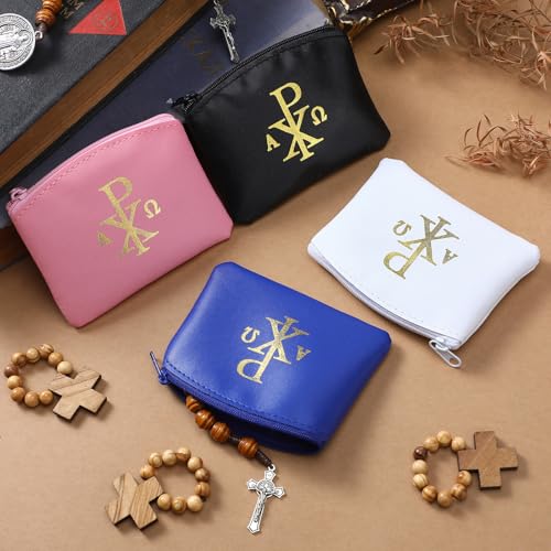 Image of Dansydaisy 4 Pcs Rosary Pouch Catholic with Gold Cross PU Leather Rosary Case for Women and Men Coin Purses Holder Zipper Bag for Travel Christmas, 4 Colors (Classic Colors,Chi Rho)