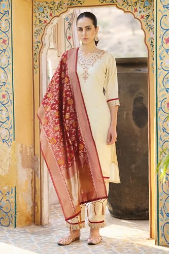 Image of VredeVogel Women's Embroidered Chanderi Silk Jacquard Straight Kurta Pant Set with Dupatta | Perfect for Festive & Casual Ethnic Wear Kurta Set