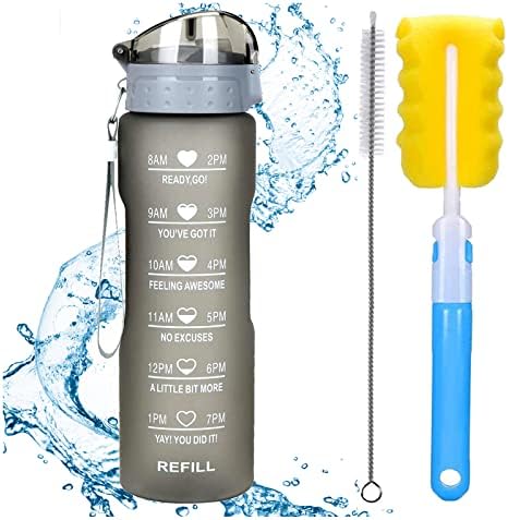 XACIOA 32oz Water Bottle with Straw&Time Markings,Leakproof BPA Free,Ensure You Drink Enough Water Throughout The Day for Fitness and Outdoor Enthusiasts,With Straw and Brush