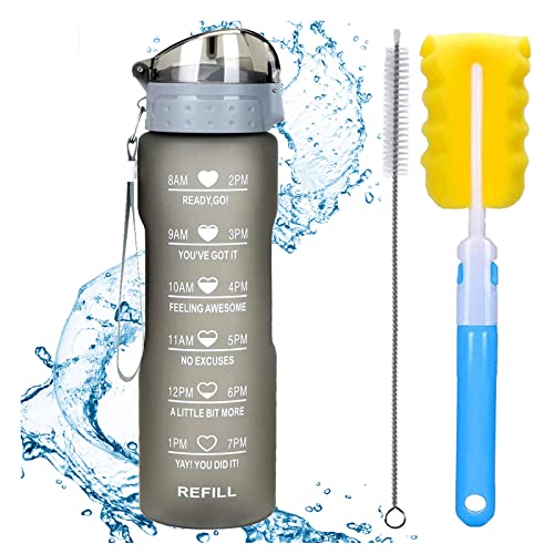 XACIOA 32oz Water Bottle with Straw & Motivational Time Marker, Leakproof BPA Free ,Ensure You Drink Enough Water Throughout The Day for Fitness and Outdoor Enthusiasts(With Straw Brush & Cup Brush)