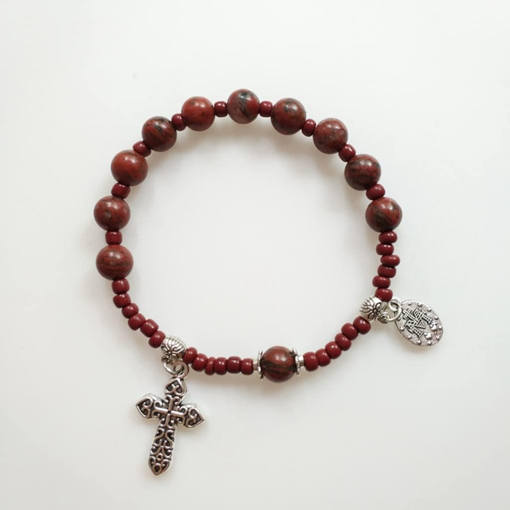 Glass Bead Baptism Religious Gift Catholic for Cross Finger Chain Mini Rosary Sesame Red for Cross Rosary Bracelet for W