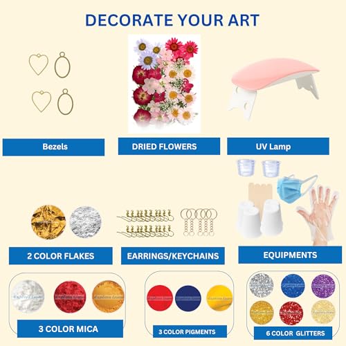 Image of Exploralearn Pro Resin Art Kit and UV Resin Combo - Epoxy Resin (200gm 3:1) + UV Resin with Lamp & Bezels | DIY Jewellery Making Kit with Moulds, Dry Flowers, Glitters, Pigments & Tools for Beginners & Adults