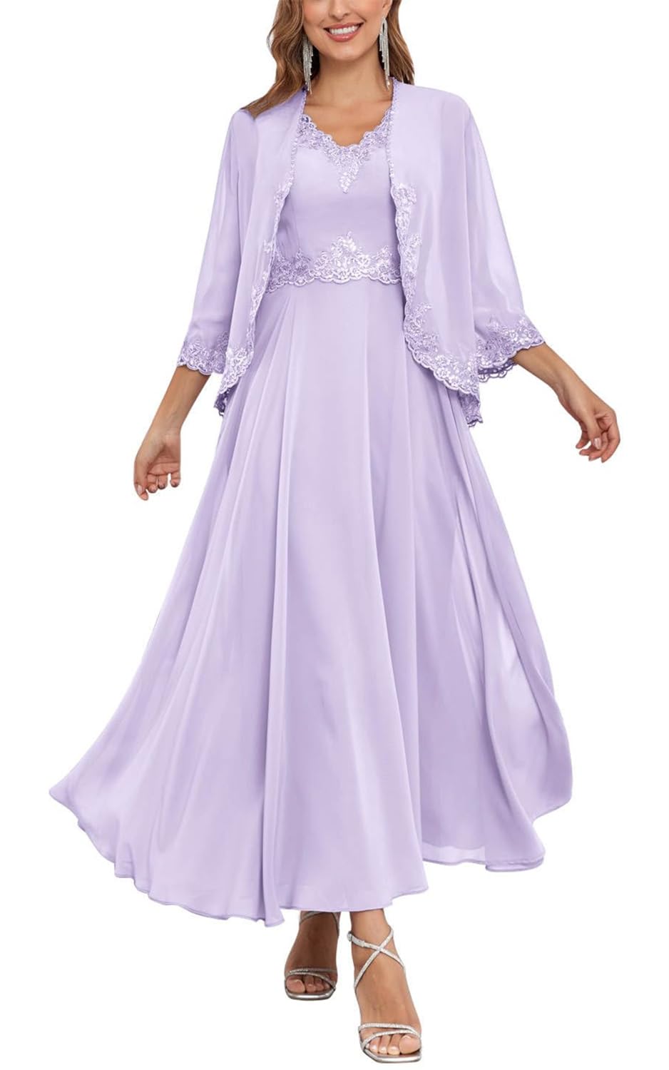 Kurface Women's Lilac 2 Pieces Mother Of The Bride Dresses For Wedding With Lace Applique Chiffon Mother Of Groom Dress Uk18