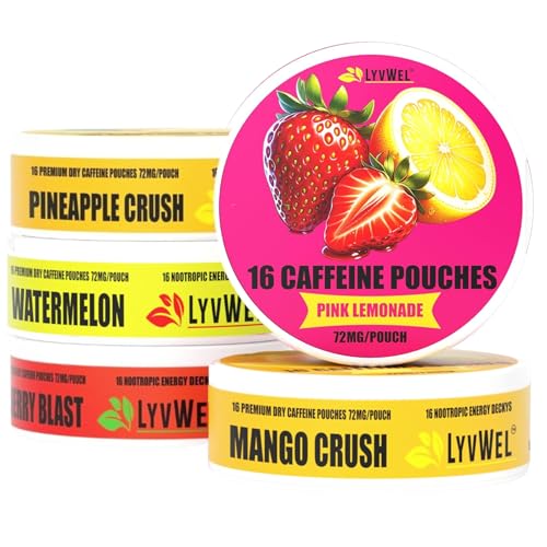 Image of LyvWel 72mg Caffeine Energy Pouches - Sampler Pack (Pink Lemonade, Mango Crush, Pineapple Crush, Watermelon, Cherry Blast) - Clean Energy with Guarana - 5-Pack (80 Total Pouches)