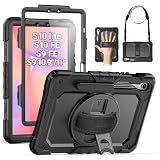 SEYMAC Case for Samsung Galaxy Tab S10 Lite/ S10 FE/ S9 FE/ S9 5G (10.9''/11''), Heavy Duty Shockproof Protective Case with Screen Protector, Rotating Stand, Hand Strap and Pen Holder, Black