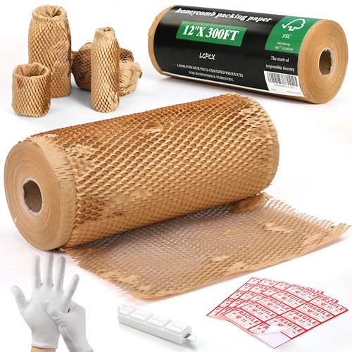 LCPCX Papier d'emballage en nid d'abeille respectueux de l'environnement 30,5 x 91,2 m (certifié FSC) + 40 autocollants et cutter de sécurité –...