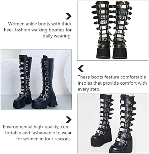 Chunky Platform Boots for Women High Heel Wedge Knee High Boots Punk Winter Shoes with Buckle Black PU 7 | Image 4