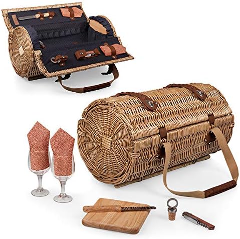 PICNIC TIME - Verona Wine & Cheese Picnic Basket - Wicker Wine Tote - Wine Basket with Picnic Set, (Adeline Collection - Deep Purple with Coral Pattern)