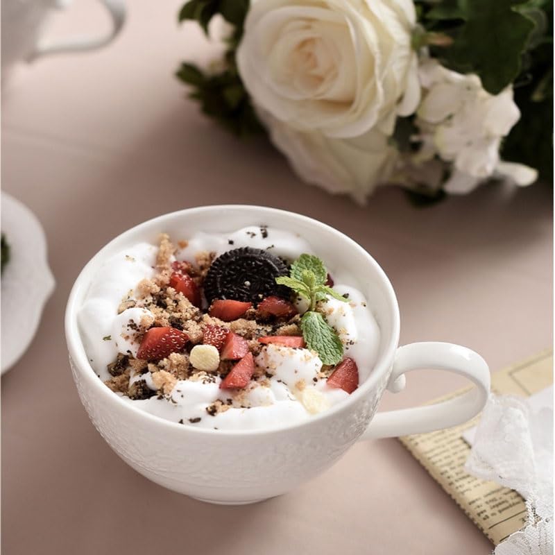 Round White Relief Ceramic Cup Cereal Yoghurt Breakfast Home Office Gift Cups