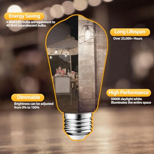 Image of 6 Packs ST58 LED Edison Bulbs, 4 Watt Vintage Light Bulbs Equivalent to 40 Watts, High Brightness 5000K Daylight White Light Bulbs, 90+ CRI, 480 Lumens E26 Base LED Bulbs, Clear Glass, Dimmable