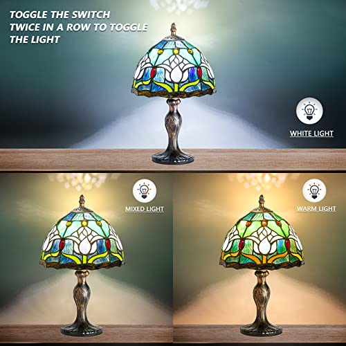 Image of Stained Table Lamp Stained Glass Table Light, Handmade Desk Bedside Table Night Lamp, Antique Art Craft Gifts Lover Kid Living Room Bedroom Study Bookcase Desk Ligh(Blue Tulip)
