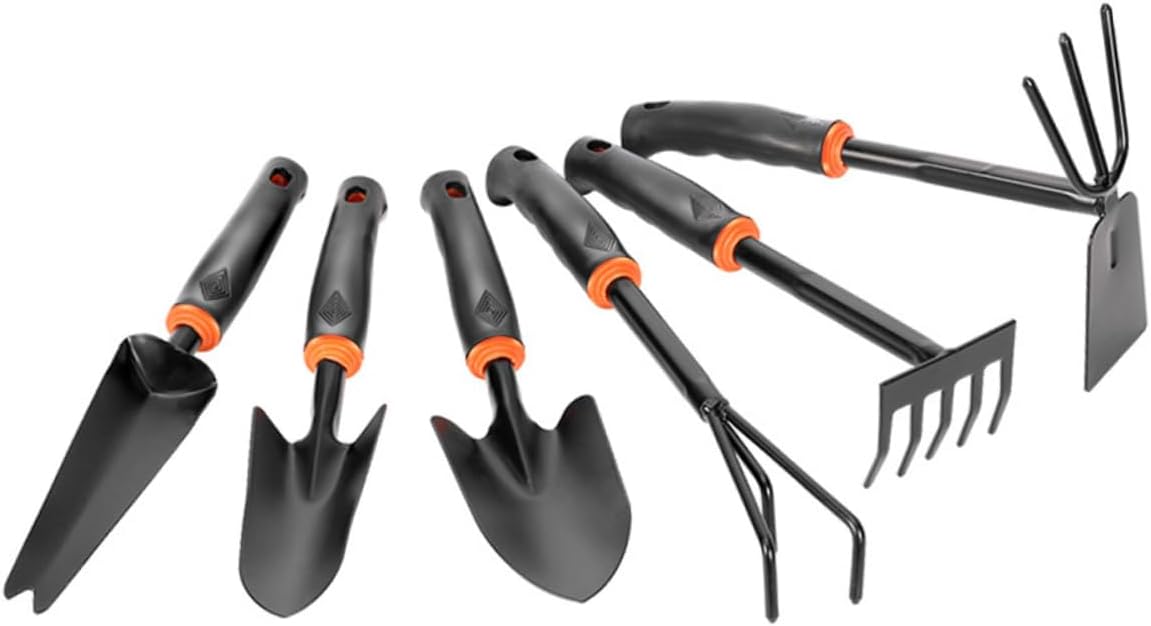 BESPORTBLE 6pcs Garden Tool Set Iron Wide Shovel Double-Sided Hoeing Rake Ergonomic Anti-Skid Plastic Handle for Home Balcony Gardening and Potted Plants Black Orange