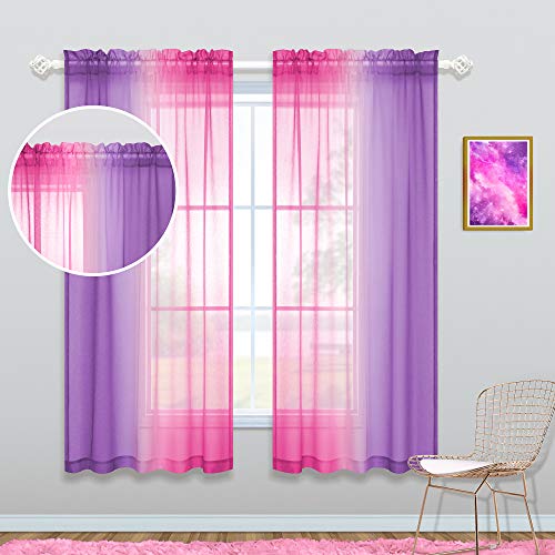 Pink and Purple Curtains 63 Inch Length for Girls Room Decor Set 2 Panels Window Sheer Ombre Pink Lilac Curtains for Bedroom Decorations