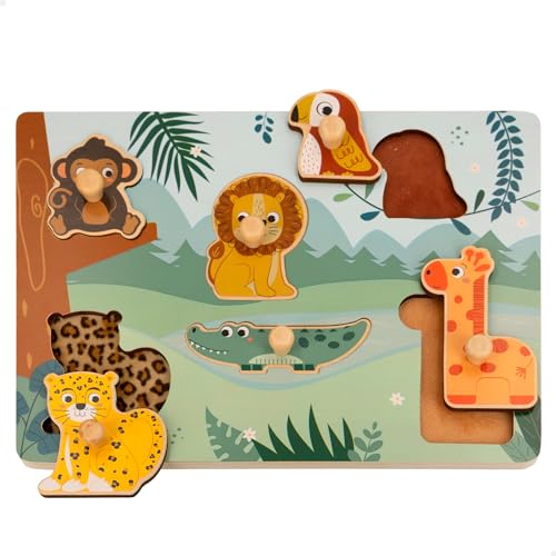 WOOMAX - Puzle animales salvajes, Zookabee, Con textura, 30x22 cm, Puzzle madera encajable, Para bebés 18 meses, Juguetes niños 2 años, Juegos educativos, Rompecabezas bebé, Puzles encaje, FSC (47566)