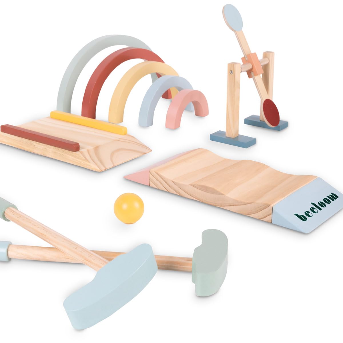Beeloom – Mini Golf de Madera para Niños, Juego Educativo con Palos, Bolas y Obstáculos, Portátil para Interior y Exterior, Juguete Simbólico Multicolor, +3 Años