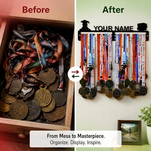 Image of Sehaz Artworks Personalised Medal Hangers for Wall with Name & Icons | Custom Medal Holder Display | Wall Mount Medal Rack for Athletes | Holds 60 Medals | Running, Cricket, Badminton, Academic & More