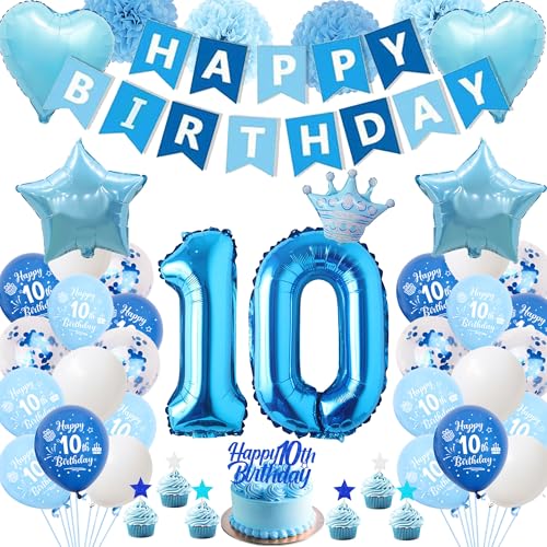 Tasoraor Deko 10. Geburtstag Junge Blau - 59 Stück 10. Geburtstagsdeko Luftballons Happy Birthday Girlande Tortendeko Papier Pompons und Riesen Zahlballon zum 10 Geburtstagsfeier Dekoration