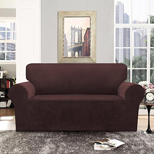 Velvet Stretch Sofa Covers Loveseat Couch Covers For 2 Cushion Couch Loveseat Covers For Living Room, Loveseat Slipcovers Pets Friendly, Thick Soft Washable, Secure With Strap (58"-72, Brown) #TOP3