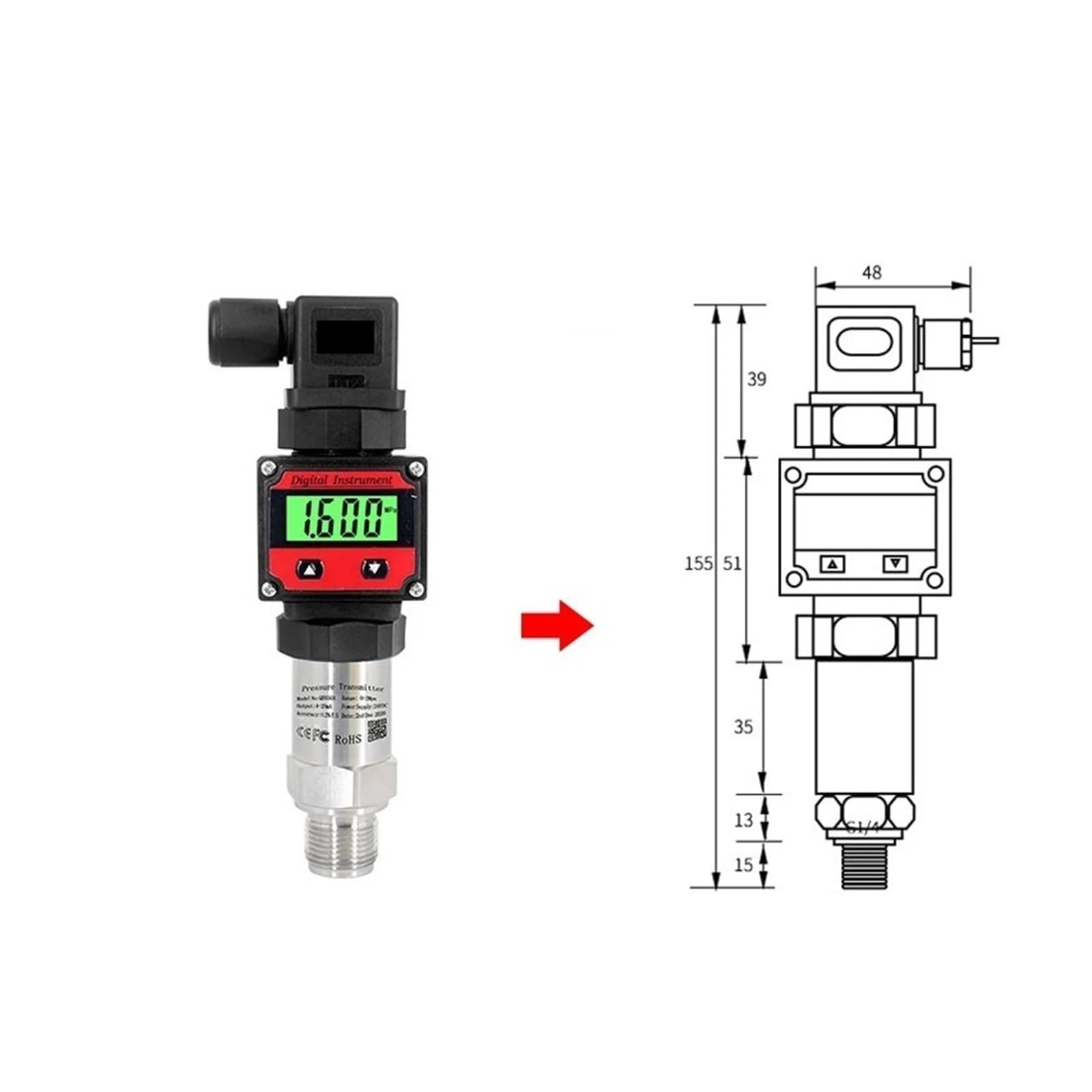 Transmisor de presión de Agua y Aceite LCD, Salida 0-10 V, Entrada de -1-0-1000 Bar, CC 24 V, G1/4"(4-20ma Thread G1-2,0-60Mpa)