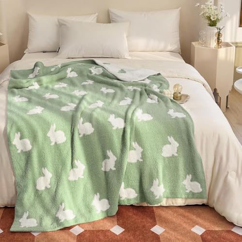 Image of Ultra Soft Cozy Happy Easter Rabbits Spring Knitted Throw Blanket Fluffy Microfiber Checkerboard Bed Blanket Lightweight Both Sides Blanket for Couch Sofa Bed (Rabbit Green, Throw 50 inchx60 inch)