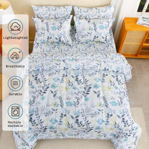 Image of lasoftan Floral Queen Comforter Set with Sheets, 7 piece Luxury Vintage Bedding, Soft Microfiber Bed in a Bag, Cozy Lightweight Bed Set, Grey Yellow Botanical