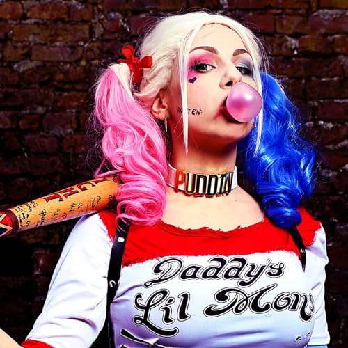 2Pcs Long Pink Blue Wigs for Women Curly Wavy Blonde Blonde Ombre Pink Blue Three Tone Synthetic Wig Half Colorful Hair with Wig Cap Anime Cosplay Wigs for Halloween Christmas Party Carnival - Image 2