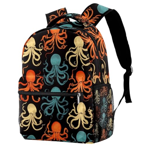 Sac à dos d'école pieuvre multicolore pour filles et garçons avec porte-bouteille