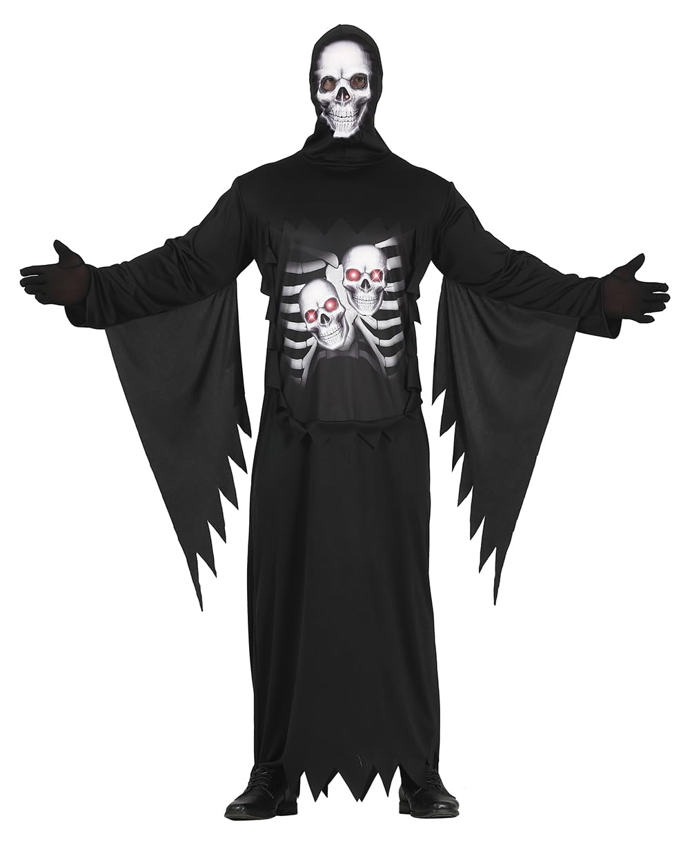 FIESTAS GUIRCA Grim Reaper - The Death Black Tunic with Hood and Skeleton Print Fancy Dress Costume Adult Man Size L 42-44
