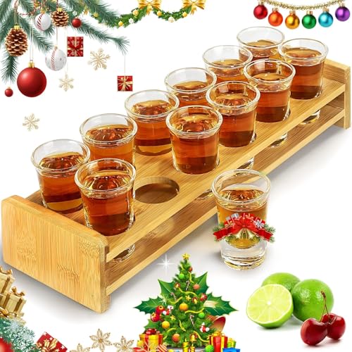 Supwinnet Schnapsglas-Set, 12 Stück, 30 ml, Mit Halter, Gerade, Dicke Basis, Klares Glas für Party, Club, Bar, Trinken