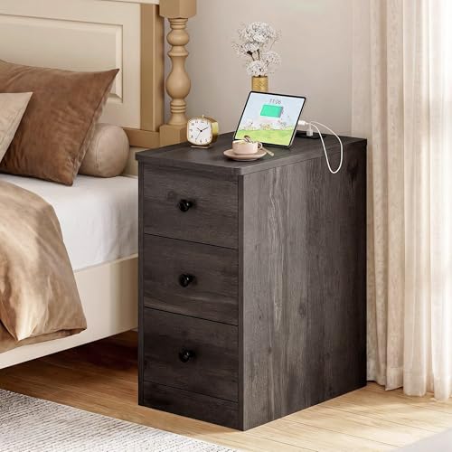 Image of LIKIMIO Nightstand with Charging Station, Narrow Bedside Table with 3 Drawers, End Table with USB Ports and Outlets, Side Table for Living Room /Bedroom Modern, Charcoal Grey