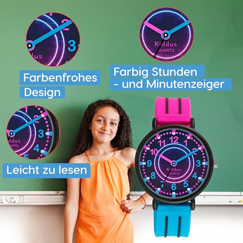 Kiddus Watches Boy and Girl Kids Ages 6-12 Analog Time Teacher with Exercises. Japanese Quartz Movement. Easy to Read and Learn Time. Girls Watches Ages 5-104