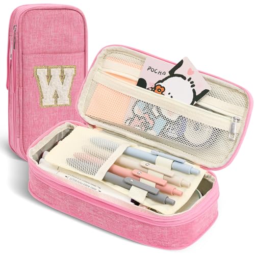 Image of Pencil Bag, Pencil Case for Girls Women, Preppy Pencil Case, Large Initial Pencil Pouch with Zipper, Back to School Supplies, Aesthetic Pen Case Box for Kids Teen Girls - W(Pink)