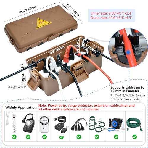 Image of Hrensaw Medium Outdoor Electrical Box(10.6x5.5x4.5inch),Weatherproof Connection Box w /6 Cable Entry,IP54 Waterproof Extension Cord Cover Protect Power Strip,Timer,Plug,Holiday Lights,Brown