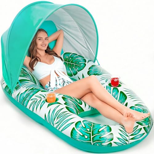 Jasonwell Pool Float with Canopy - Inflatable Pool Floaties Adult Lounger Floats Raft Floating Chair with Cup Holders for Swimming Pool Lake Water Lounge Float Beach Pool Party Toys for Adults (Green)