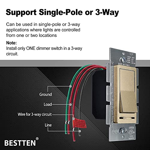 [10 Pack] Bestten Champagne Gold Dimmer Wall Light Switch With Screwless Wallplate, Single Pole Or 3-Way, Compatible With Dimmable Led, Cfl, Incandescent And Halogen Bulb, 120Vac, Ul/Cul Listed #TOP4