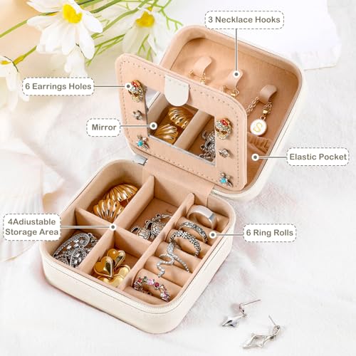 URSKYTOUS Travel Jewelry Case For Women Girls Jewelry Box Mini Jewelry Organizer Holder for Women Portable Personalized Teens Girls Birthday Gifts for Friends Sister Mom Bridesmaid Her(White S) - Image 4