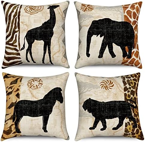 Animal Print Pillow Covers 18x18 Set of 4, African Animals Throw Pillow Covers Zebra Leopard Pillowcase Giraffe Elephant Horse Rustic Cabin Cushion Cases for Home Farmhouse Outdoor Yard
