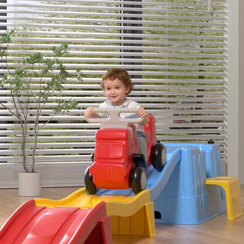 HAPPYMATY Up & Down Roller Coaster，Kids Ride On Toy，Toddler Push Car with Assembled Race Track & Storage Base Box, Indoor Outdoor Playset