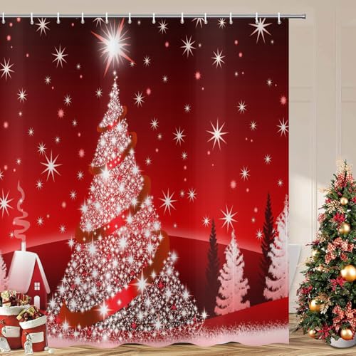 ASDCXZ Christmas Shower Curtain 90x180 cm, Glitter Snowflake Christmas Tree Red Christmas Decoration Washable Bathroom Polyester Textile Waterproof Shower Curtains for Bathtub with 6 Hooks