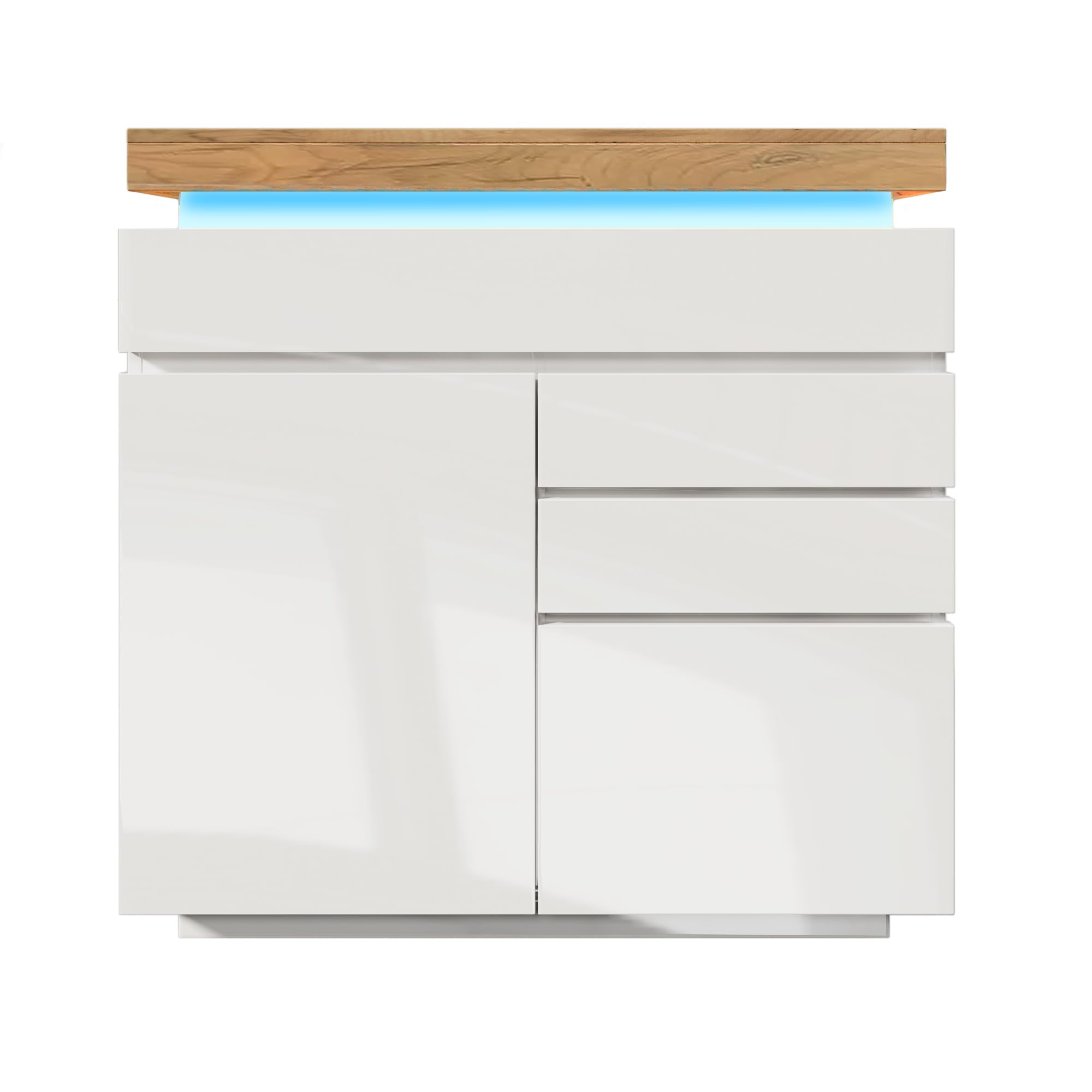 MUZHIXIANG High Gloss Chest of Drawers Sideboard with 2 Doors 3 Drawers, Modern Storage Cabinet with RGB LED Lights App Control, White Living Room Bedroom Furniture (115 x 110 x 39 cm)