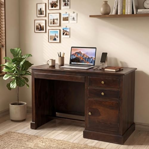 Image of SONA ART & CRAFTS Carmel Lite Solid Sheesham Wooden Study Table for Students Desk with 2 Drawers & 1 Cabinets Study Desk Table Office Table for Work from Home Writing Office (Walnut Finish)