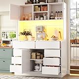 Ktipm Armario Cocina Moderno con Iluminación LED y 8 Cajones, Alacena de Cocina con 3 Puertas y Estante Ajustable, Aparador Cocina Mueble Auxiliar con Dispositivo Antivuelco, 120x40x183.5 cm, Blanco