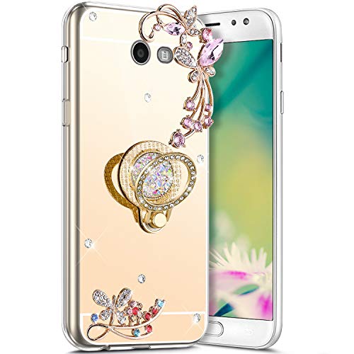 Robinsoni Case Compatible with Samsung Galaxy J7 2017 (US VERSION) Phone Case Silicone TPU Cover Galaxy J7 2017 Flexible Case 360 Degree Rotation Ring Case Kickstand Sparkle Bling Cover Gel Case Gold