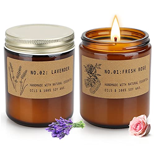 YFYTRE Rose and Lavender Candles for Home Scented, Aromatherapy Candle 2 pcs, Soy Wax Candle Set, Women Gift with Strongly Fragrance Jar Candles
