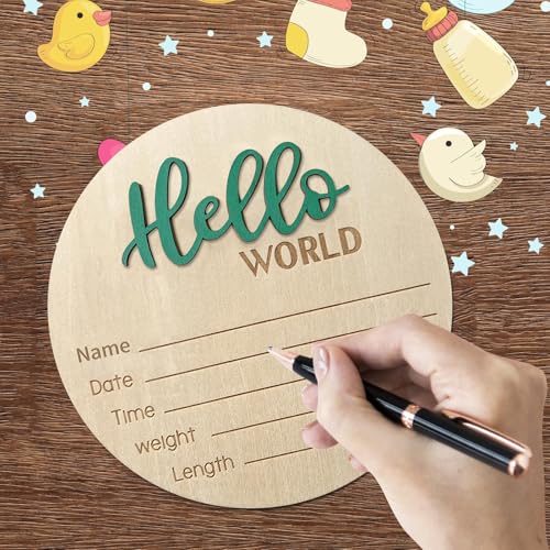 Image of Baby Announcement Sign, ​5.9 Inch Wooden Hello World Newborn Signs, Birth Announcement Sign, Baby Shower Hospital Nursery for Newborn Boys and Girls (Green,Pen)